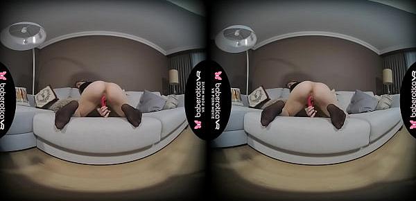  Solo girl, Anastasia is toying her shaved pussy, in VR